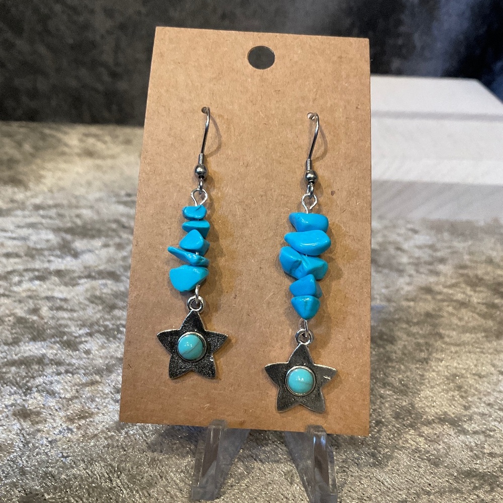Faux Silver and  Turquoise Star Dangle Pierced Earrings